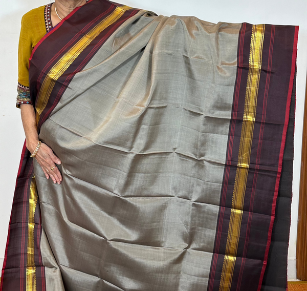 Grey and Brown Kanjivaram Silk Saree