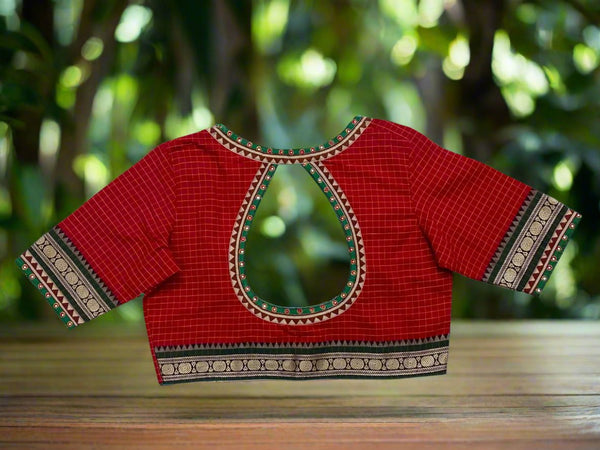 Red Kattam Cotton Handcrafted Blouse - Size 38