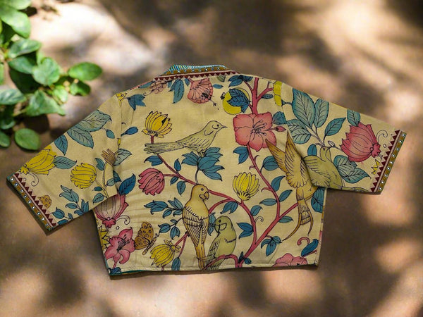 Yellowish Beige Pen Kalamkari Dandcrafted silk Blouse - Size 38, 40, 42