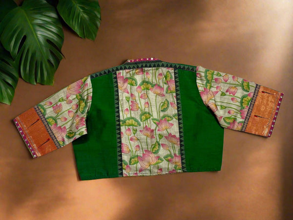 Green Pichwai Paithni Border Handcrafted Raw Silk Blouse - Size 40, 42 and 44