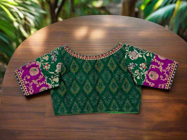 Green and Pink Pochampally Silk Handcrafted Blouse - Size 36, 38, 40