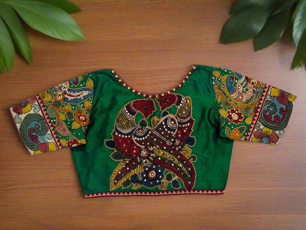 Green  Pen Kalamkari Aplique Handcrafted Silk Blouse - Size 36, 38, 40