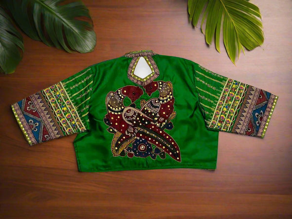 Green Pen KalamKari Aplique Handcrafted Silk Blouse - Size 40, 42, 44