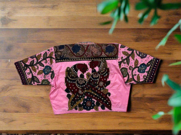 Pink Pen Kalamkari Aplique Handcrafted Kanjivarm Silk Blouse - Size 34, 36, 38