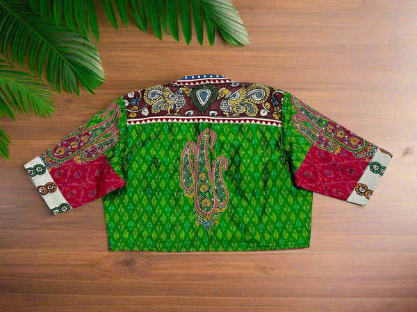 Green and Red Pochampally Handcrafted Raw Silk Blouse - Sizes 38, 40, 42