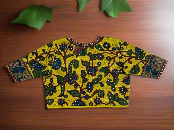 Yellow Jute Linen  Pen Kalamkari Aplique Handcrafted Blouse  - Sizes 40, 42