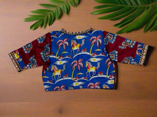 Blue  Printed  Mul Cotton HandCrafted Blouse - Size 36, 38, 40