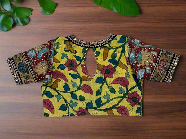 Yellow Kanjivaram Silk Pen Kalamkari  handcrafted Blouse - Sizes 36, 38, 40