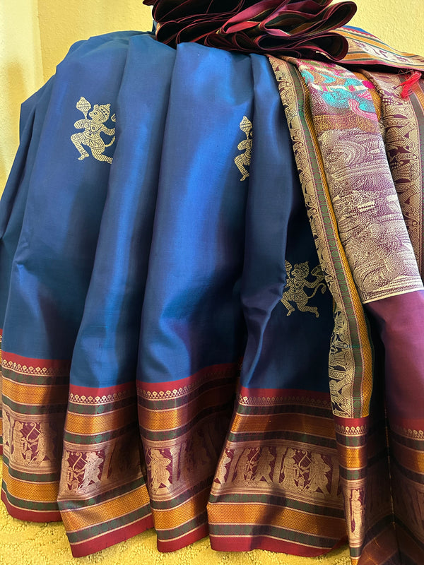 Blue and Maroonish Purple Ramayan Kanjivaram Saree - Preorder Saree