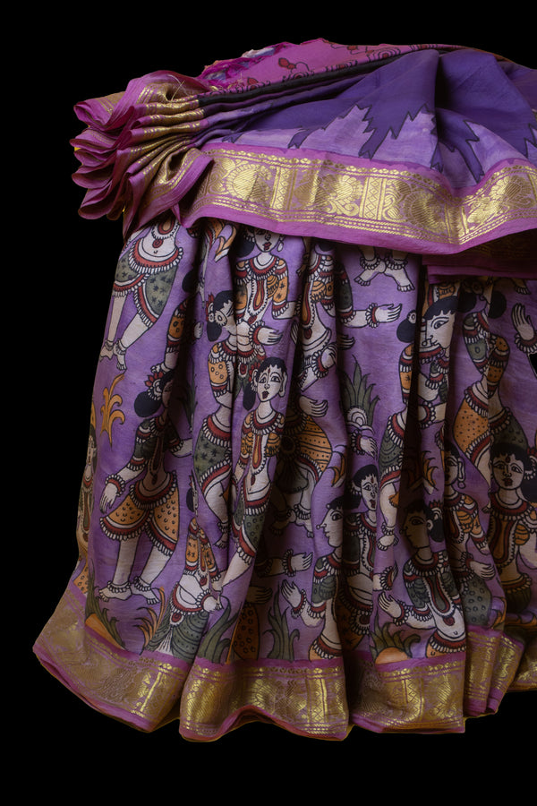 Purple and Lavender Pen Kalamkari Kanjivaram Silk Saree