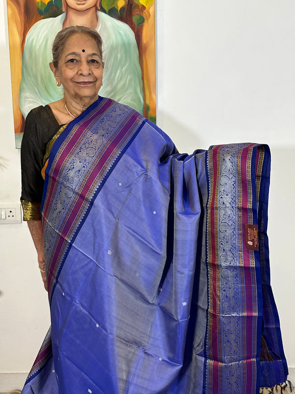 Blue on Blue Navanari Kunjaram Handwoven Kanjivaram Silk Saree