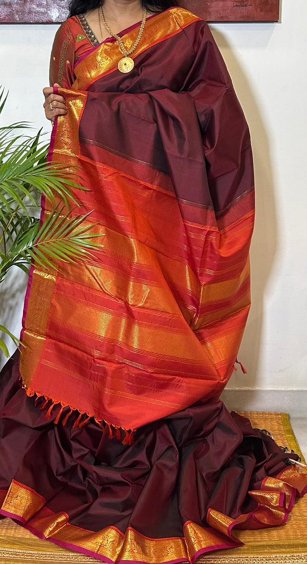 Maroon and Orange Kanjivaram Silk Saree