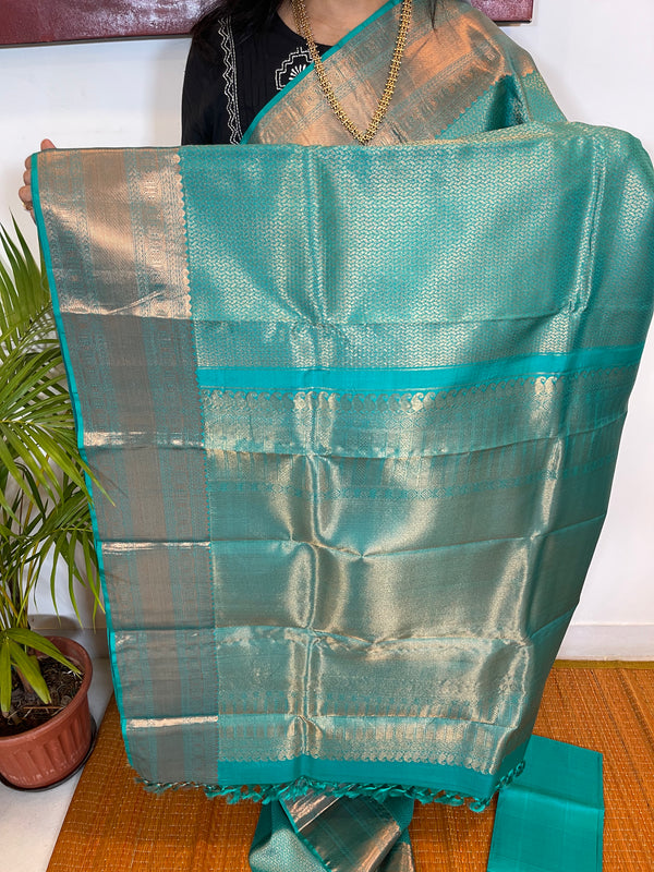 Teal Kanjivaram Silk Saree with Copper Zari