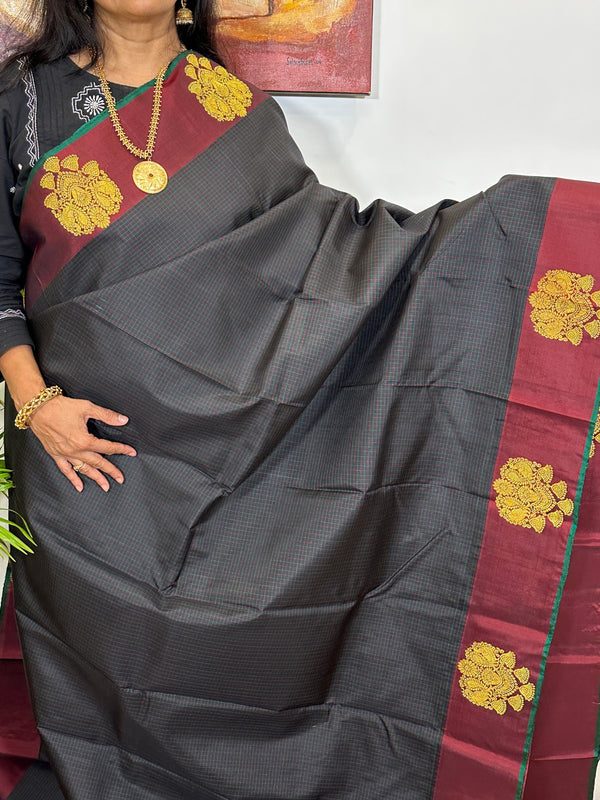 Black and Maroon Checkered Kanjivaram Silk Saree