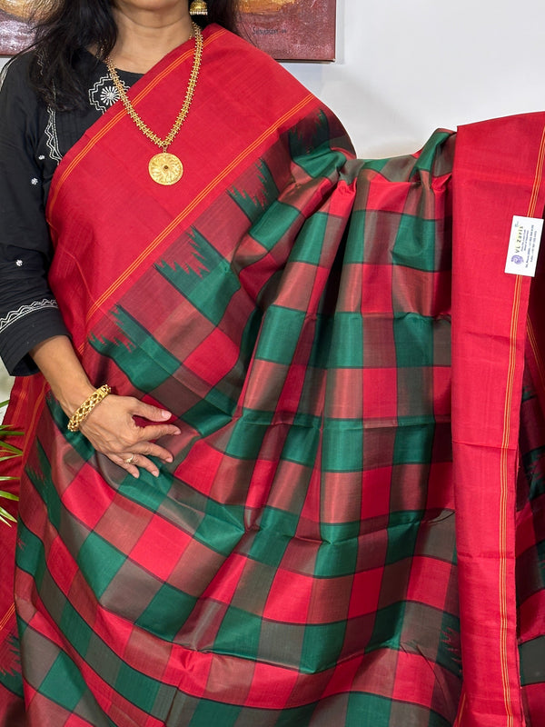 Red Maroon and Green Checks Kanjivaram Silk Saree