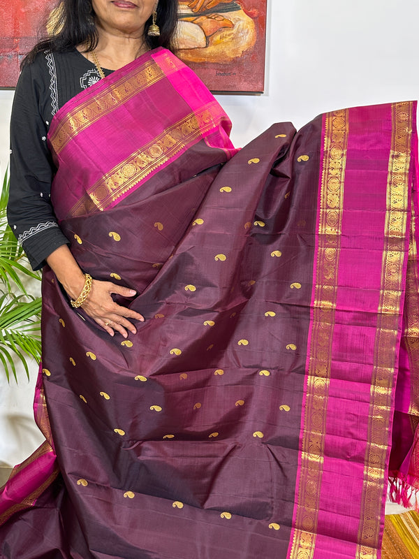 Brown and Pink Handwoven Kanjivaram Silk Saree