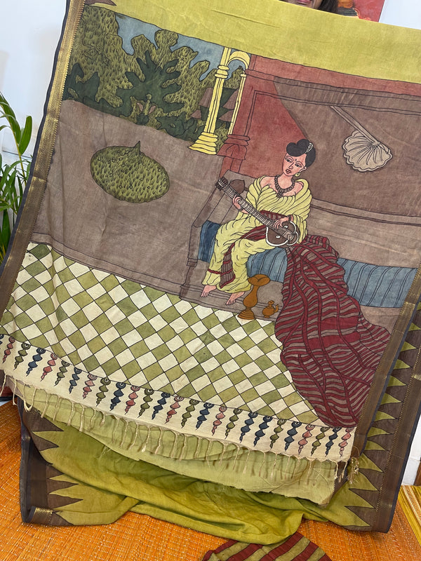 Green  Kalamkari Silk Saree - Malabar Lady - Raja Ravi Verma Painting