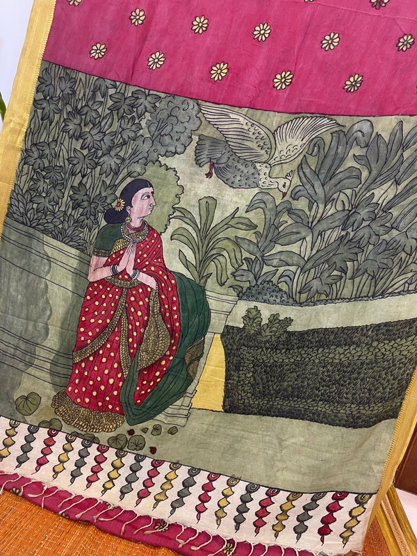 Red  Kalamkari Silk Saree - Lady in the Garden Praying - Raja Ravi Verma Painting