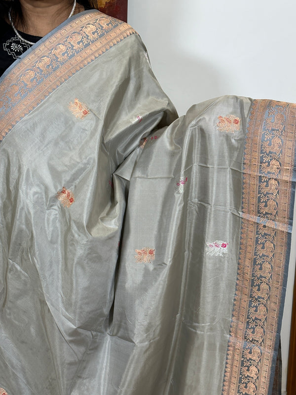 Blue Grey and Grey Katan Silk  Banarasi Handloom Saree