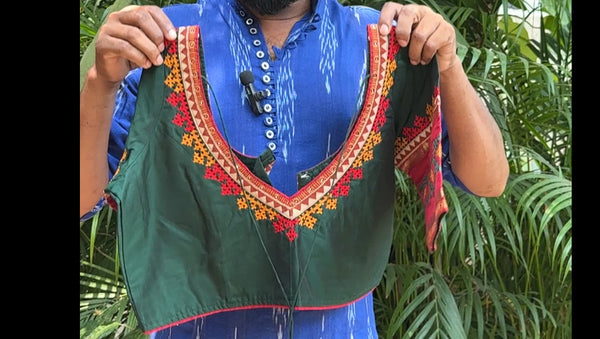 Silk Cotton Green and Red Kutch Work Blouse