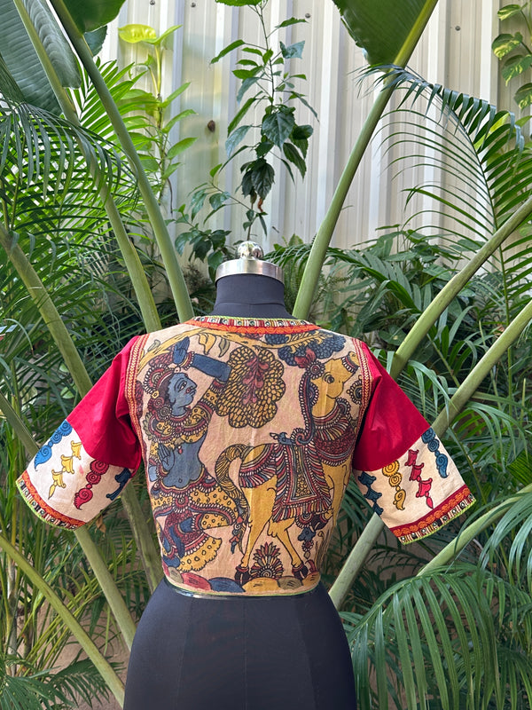 Red Pen Kalamkari Kanjivaram Silk Blouse