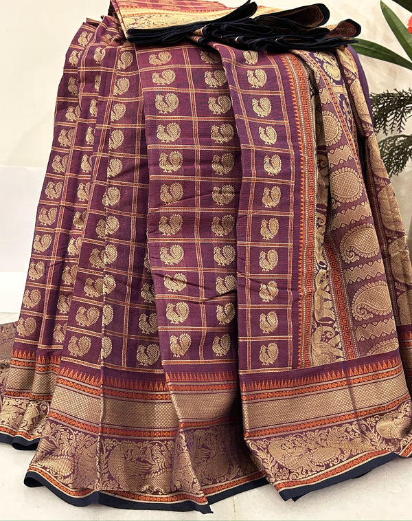 Wine with 1000 Annam Motifis Kanjivaram Cotton Saree