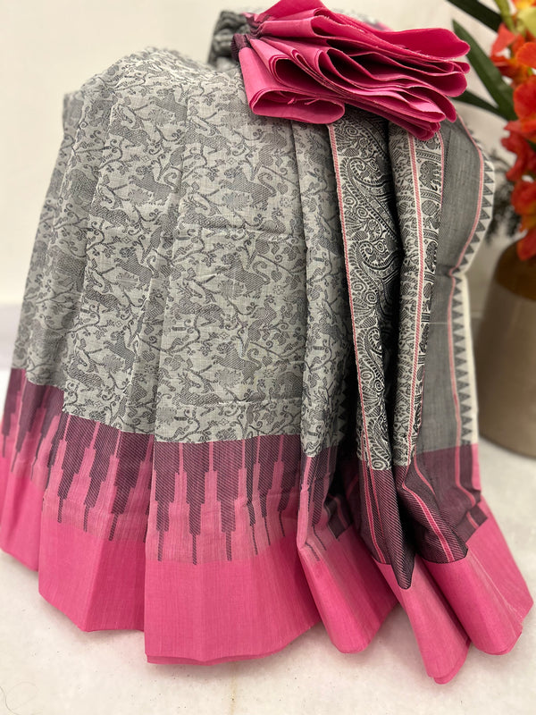 Grey and Pink  Vanasingaram Kanjivaram Cotton Saree