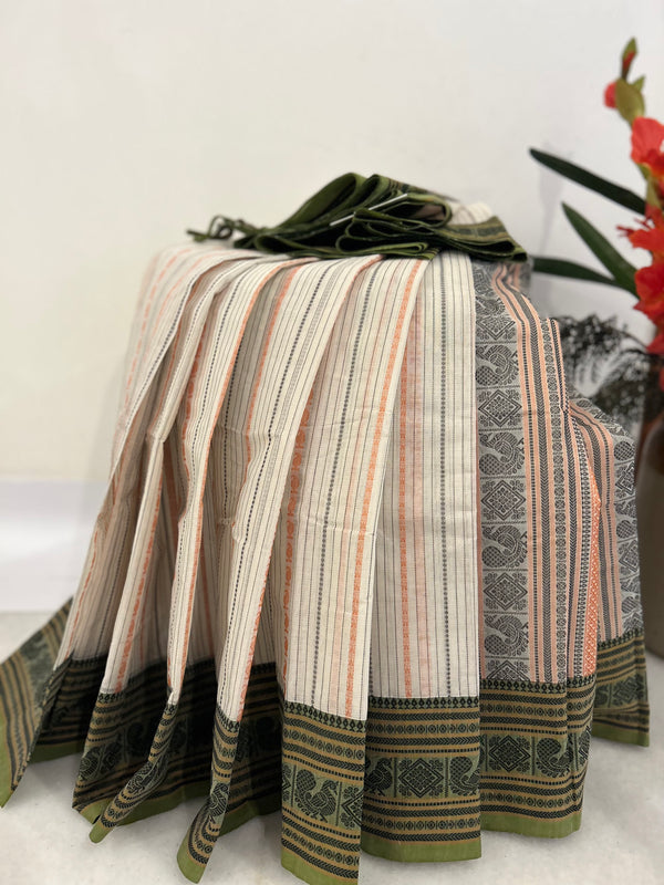 Off White and Green Kanjivaram Cotton Saree