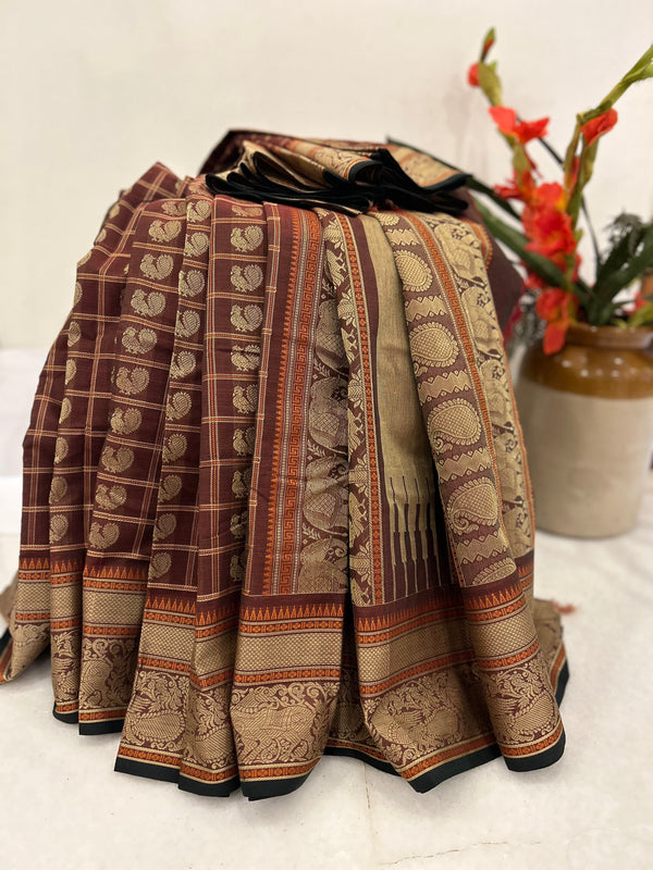 Brown with 1000 Annam Motifis Kanjivaram Cotton Saree