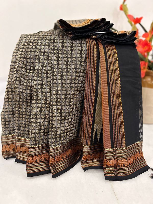 Black with Off-White 20000 Motifis Kanjivaram Cotton Saree