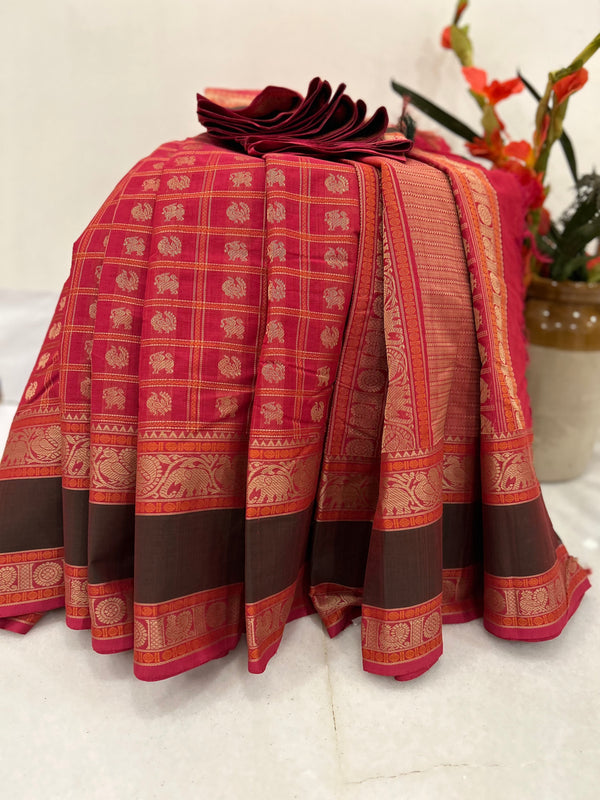 Red with 1000 Annam and Yali Motifis Kanjivaram Cotton Saree