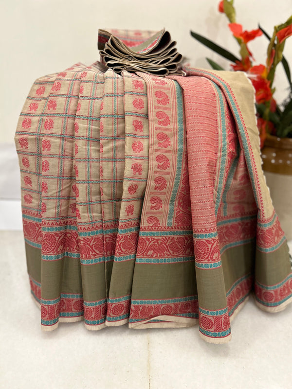 Beige with 1000 Yali and Annam Motifs with Rettai Pettu Annam and Yali Kanjivaram Cotton Saree