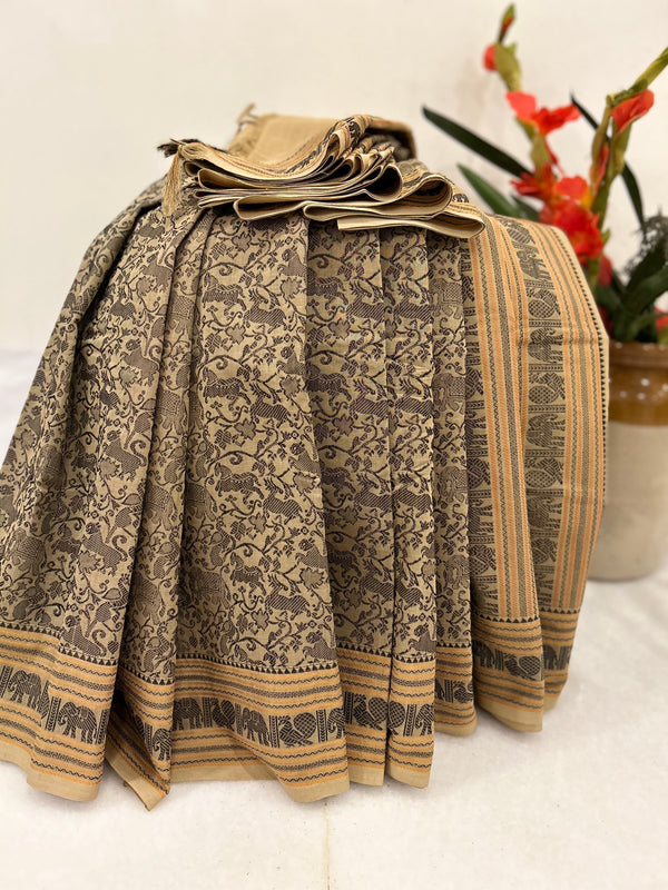 Brown Body with Vanasingaram  Black Motifs,  Brown  Border with  Brown Pallu