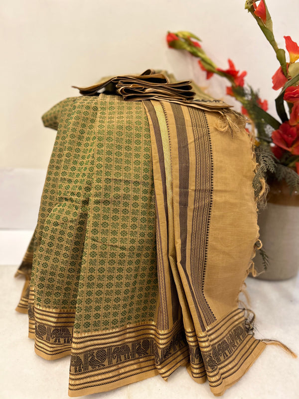 Brown Body Border and Pallu with 20000 Green Buttas, Brown Border and Brown Pallu Kanjivaram Cotton Saree