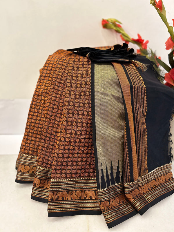 Black Body with Orange 20000 Buttas and Black Border and Black Pallu Kanjivaram Cotton Saree