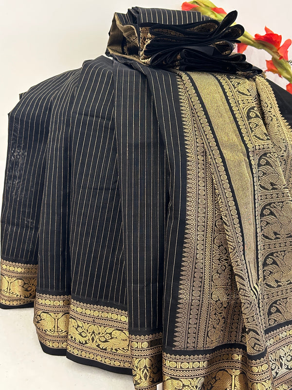 Black Vairaoosi with Rettai Kili Border Kanjivaram Silk Cotton Saree - Restocked