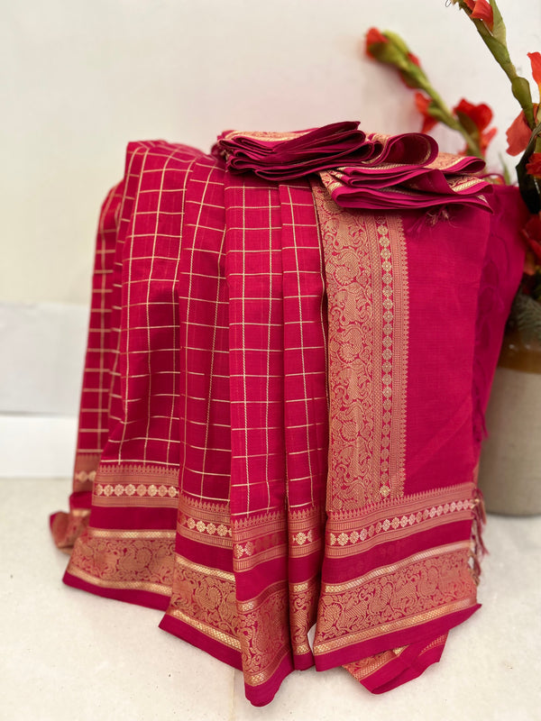 Red Checkered Kanjivaram Silk Cotton Saree