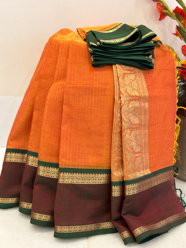 Orange Vairoosi with Green Border Kanjivaram Silk Cotton Saree