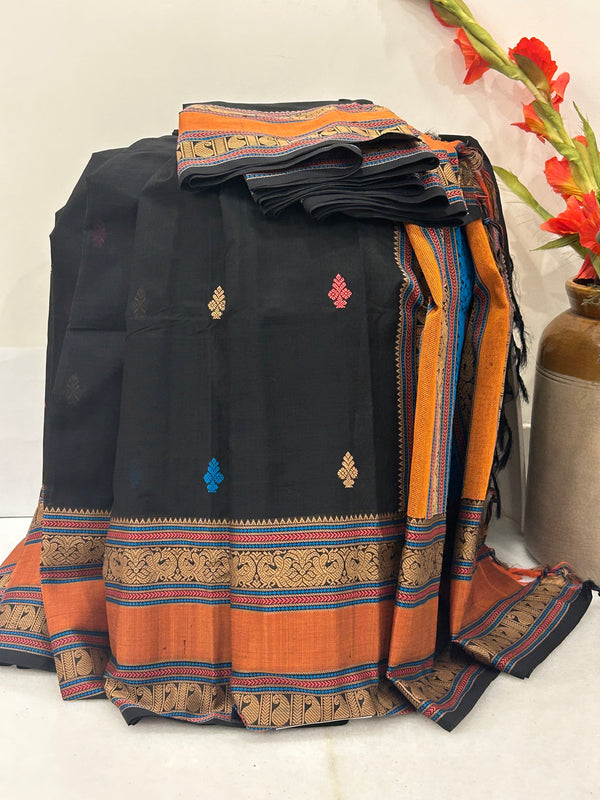 Black Saree with Pink Selvage and Rettai Pettu Border