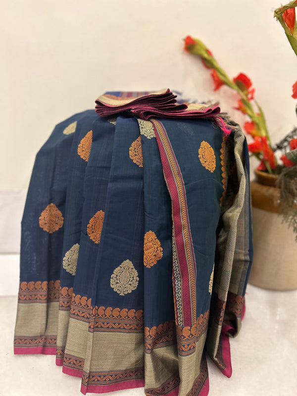 Blue Saree with Pink Selvage and Large Floral Motifs