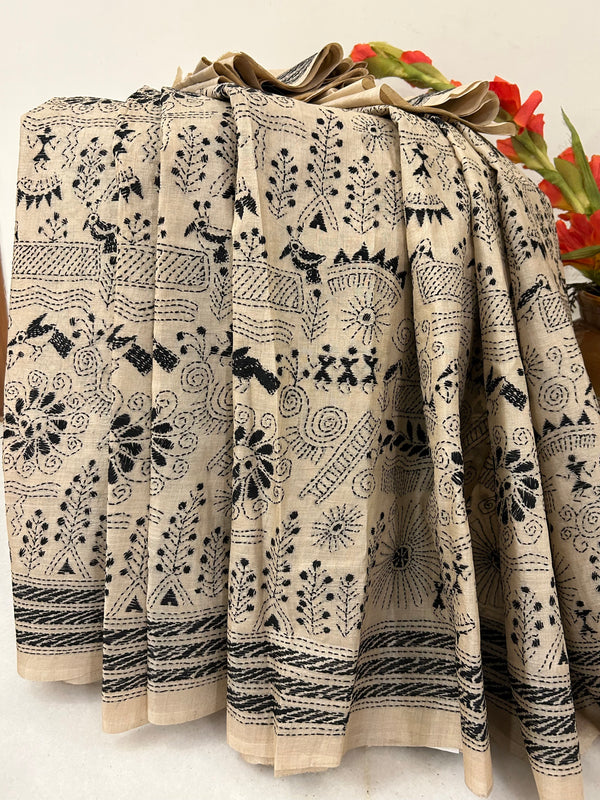 Off White with Madhubani-Inspired Black Threadwork Tussar Silk