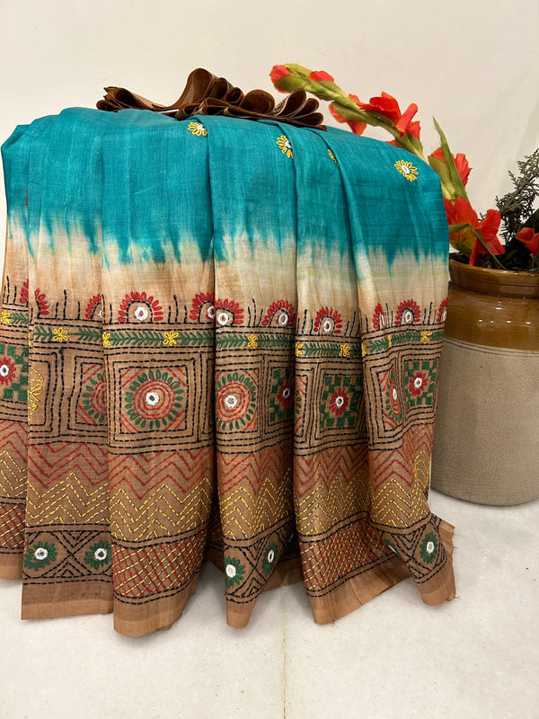 Blue with Brown Lambini Embroidery Ghicha Tussar Silk Saree