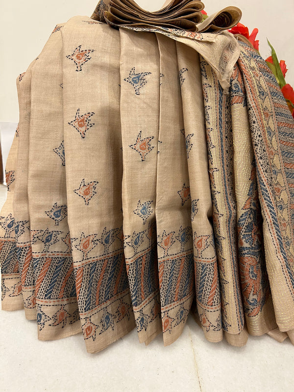 Beige Tussar Color with Kantha Embroidery Ghicha Tussar Silk Saree