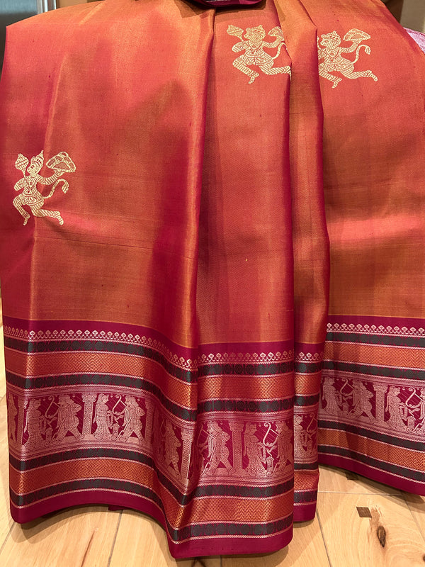 Orange and Reddish Maroon Ramayan Kanjivaram Silk Saree - Preorder and Delivery Timeline is 3 Months