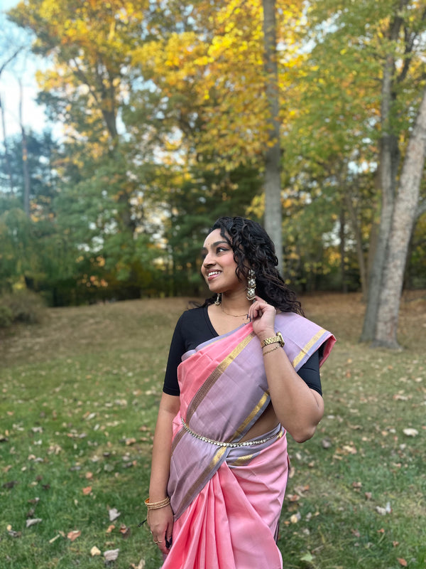 Pink and Grey Kanjivaram Handwoven Silk Saree