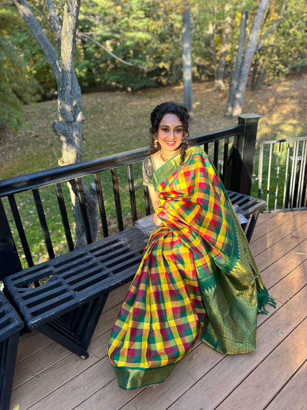 Palum Pazhamum Checks and Green Korvai Kanjivaram Silk Saree