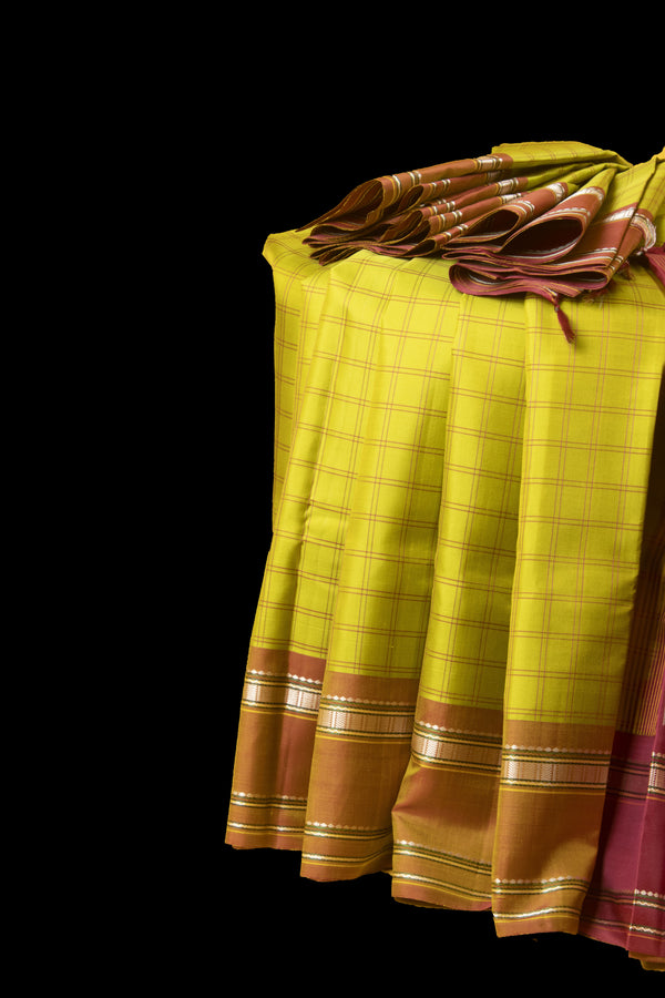 Green and Maroon Kanjivaram Checkered Silk Saree