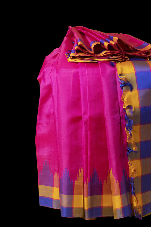 Pink and Multicoloured Checkered Kanjivaram Silk Saree