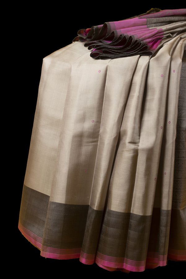 Brown Grey and Grey Threadwork Kanjivaram Silk Saree