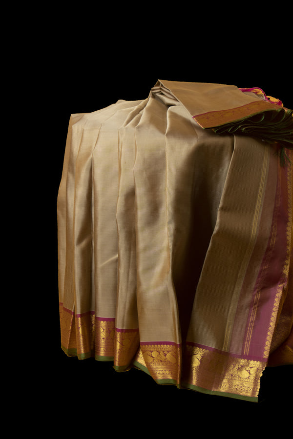 Taupe, Green and Pink Kanjivaram Silk Saree